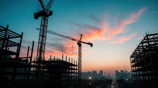Silhouetted Construction Cranes Against a Colorful Sunset Sky Over a Cityscape