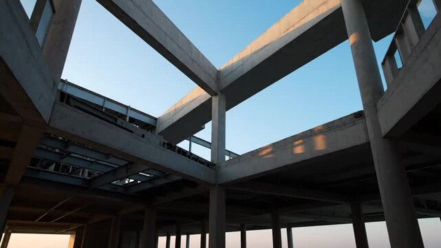 Unfinished concrete building structure with open sky and sunlit beams