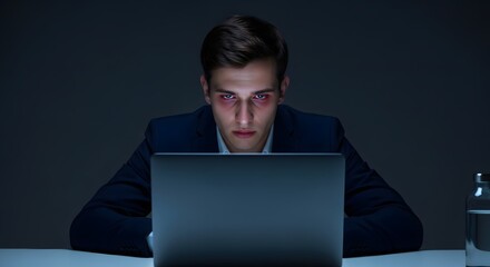 Intense businessman staring at laptop screen with glowing eyes in dimly lit room, cybercrime concept