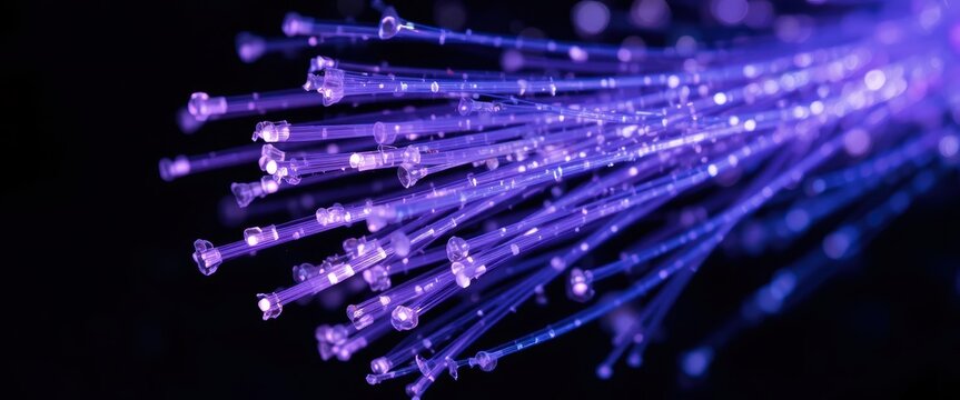 Abstract Representation of Fiber Optic Light in Vibrant Purple and Blue Tones Against a Dark Background