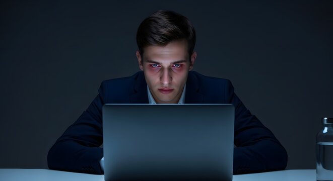 Intense businessman staring at laptop screen with glowing eyes in dimly lit room, cybercrime concept