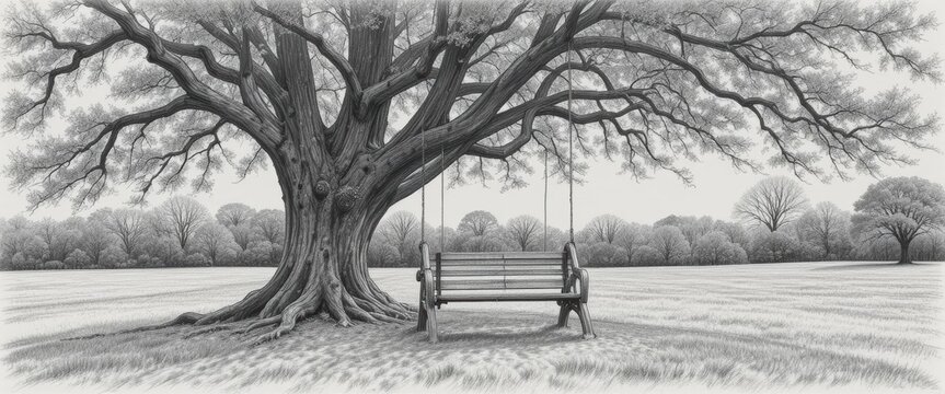 Detailed Sketch of a Large Tree with a Swing and Bench in a Serene Outdoor Setting