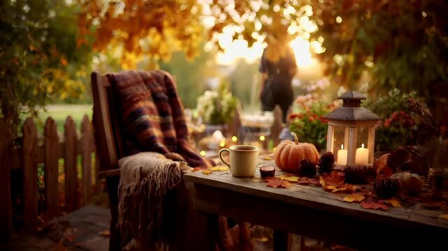 Spring Summer outdoor leisure relaxation activity. A serene outdoor scene bathed in the warm glow of the setting sun. A rustic wooden table is adorned with autumn leaves, a pumpkin.