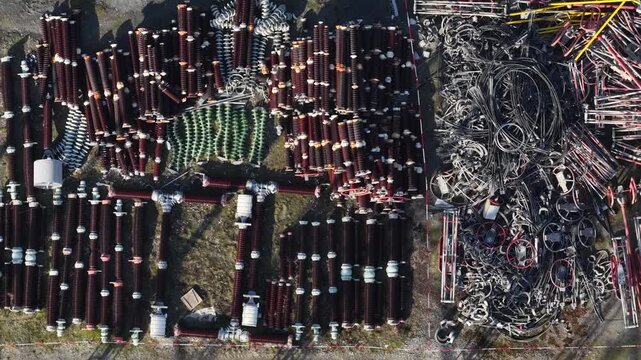 Drone shot of eletricity substation parts and components. European Union energy grid.