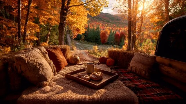 Spring Summer outdoor leisure relaxation activity. A vivid portrayal of a cozy outdoor setting during autumn. The main subject is a wooden bench with a rustic design.