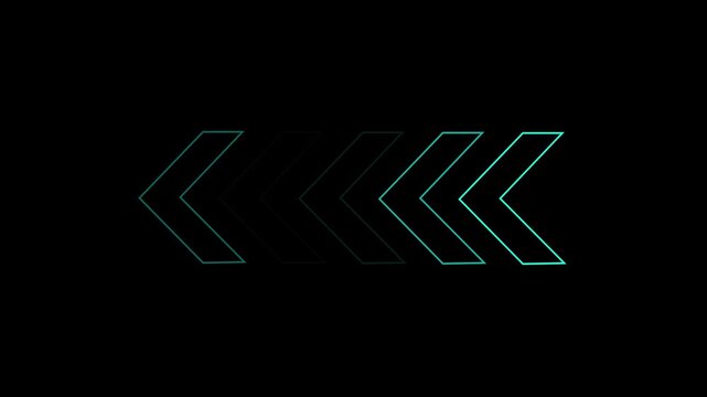 Glowing neon chevron arrows moving left on black background abstract. Futuristic arrow animation shows direction and movement. Digital symbol represents navigation and progress.