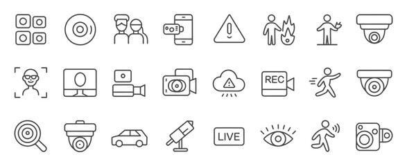 Surveillance monitoring line icon set, CCTV and dome security camera icons, intrusion detection and alert symbols, remote monitoring and protection concept, minimal thin line vector design © ayat 02