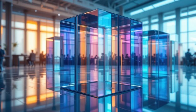 Colorful Translucent Glass Structures in Modern Business Workspace with Vibrant Lighting