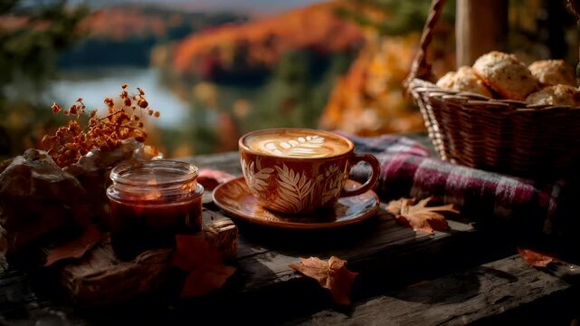 Spring Summer outdoor leisure relaxation activity. A vivid, autumnal scene features a cup of cappuccino with intricate latte art on its surface. The cup sits on a wooden table.