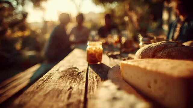Spring Summer outdoor leisure relaxation activity. A closeup shot of a rustic wooden table with a slice of cheese and a loaf of bread on it. The setting sun casts a warm, golden glow over the scene.