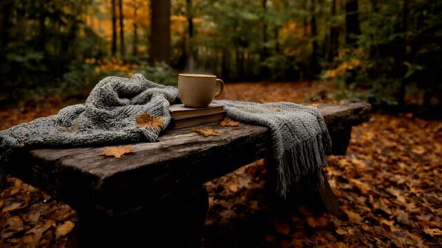 Spring Summer outdoor leisure relaxation activity. A serene autumn scene features a rustic wooden bench with a knitted blanket draped over it. A ceramic mug rests on top of a stack of books.