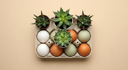 A minimalist flat lay featuring a cardboard egg carton filled with colorful eggs and lush green succulent plants.