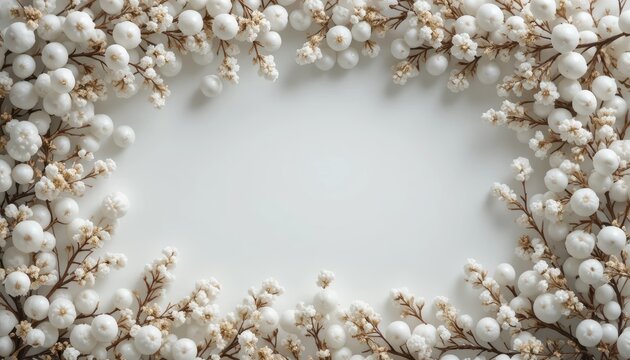 Delicate White Berry and Blossom Frame Surrounding a Soft Background in a Minimalist Layout