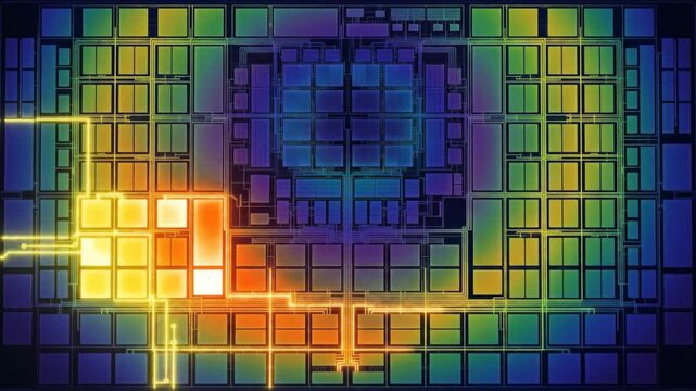 Cinematic 3D animation concept of a complex microprocessor layout with thermal heat map visualization and glowing data paths