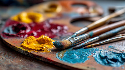 Fototapeta premium wooden paint palette with colorful paints and brushes