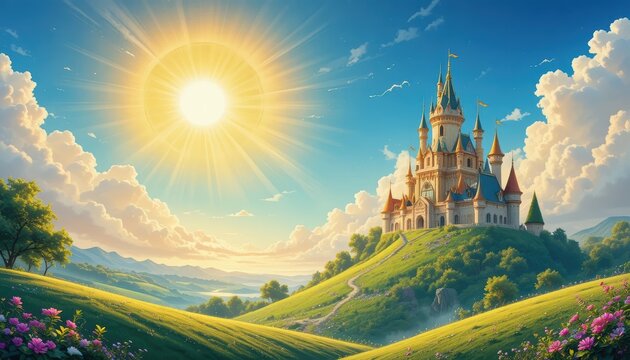 Fantasy Castle on a Hill Illuminated by Bright Sunlight with Lush Green Landscape and Blue Sky