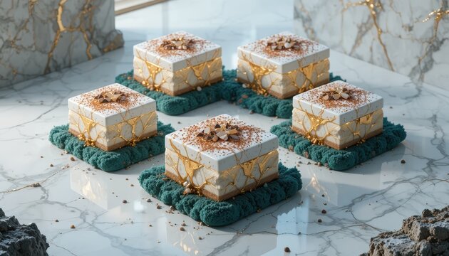 Elegant Square Layered Dessert Cakes Decorated with Gold and Chocolate on Marble Background