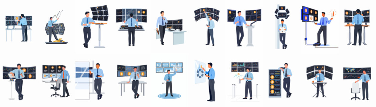 Collection of professional traders and analysts monitoring cryptocurrency and financial stock market data on multiple digital screens, flat illustration set.
