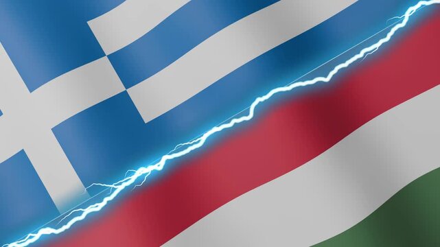 Two waving flags Greece and Hungary with diagonal lightning seamless, 4k loop