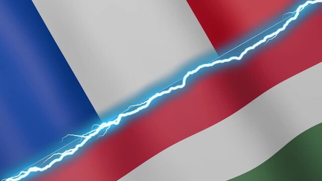 Two waving flags France and Hungary with diagonal lightning seamless, 4k loop