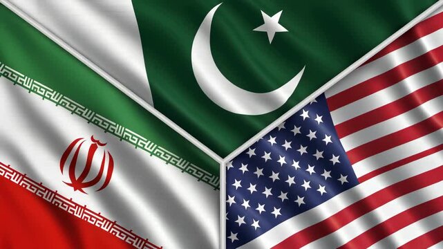 Flags of United States, Iran and Pakistan combined as a concept of international relations and diplomatic negotiations. Geopolitical peace talk, alliance and cooperation resolution.