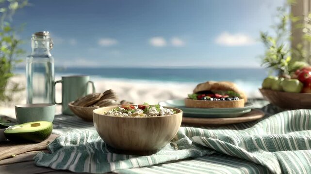 Spring Summer outdoor leisure relaxation activity. A vivid outdoor scene depicts a serene beachside dining setting. A wooden table is set with a bowl of salad, a sandwich, and fresh fruits.