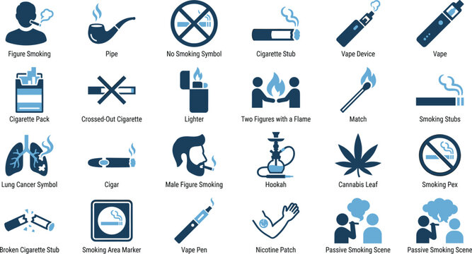 Smoking and Tobacco Icon Set Featuring Cigarette, Vape, Hookah, Cannabis, Passive Smoking, Lung Health Risks, and No Smoking Warning Symbols