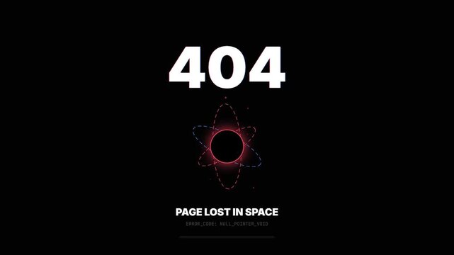 Abstract 404 error page animation with black hole and neon orbital lines on dark space background