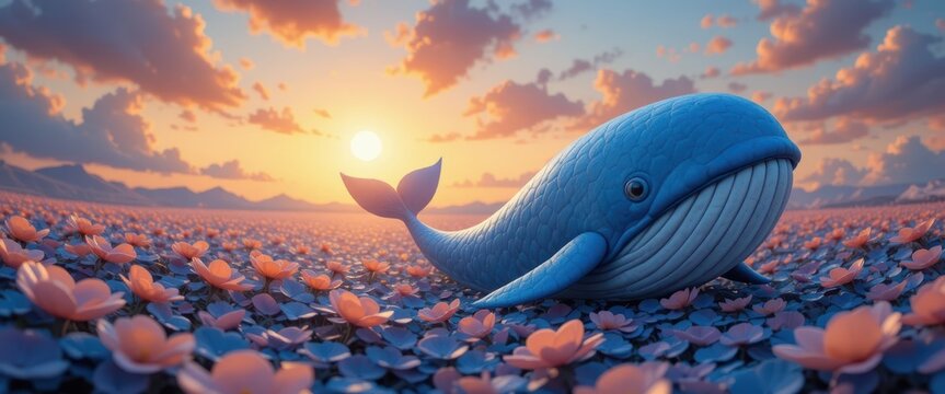 Blue Whale Surrounded by Colorful Flowers at Sunset with Mountains and Clouds in the Background