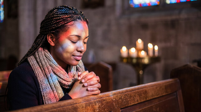 black woman praying in church pew candlelight faith worship devotion spirituality scene showing peaceful prayer beneath stained glass with candle glow for hope reflection and religious contemplation