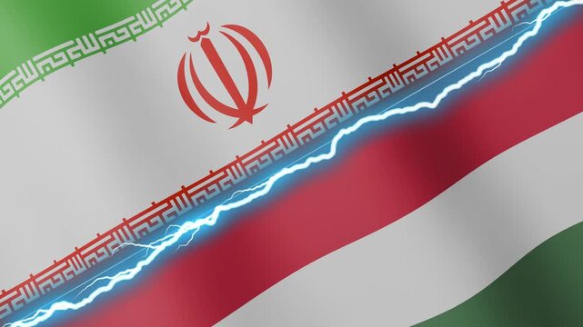 Two waving flags Iran and Hungary with diagonal lightning seamless, 4k loop