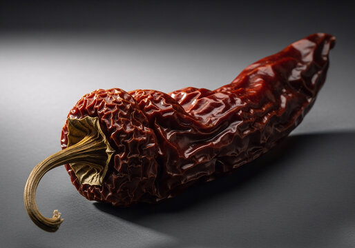 A single dried chile pasilla pepper with a detailed wrinkled texture photographed on a clean dark grey background for professional culinary food projects