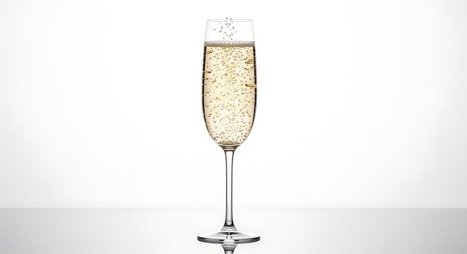 A champagne flute filled with bubbly champagne on a white background