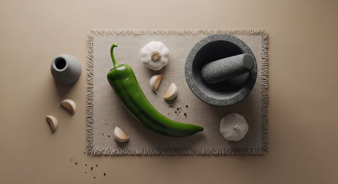 A top down view of a green chile pasilla resting on a textured linen mat surrounded by cloves of garlic and a stone mortar and pestle for cooking prep