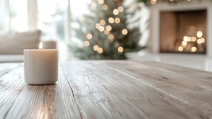 Naklejka premium White candle burning on wooden table with blurred fireplace and christmas tree lights creating warm home atmosphere
