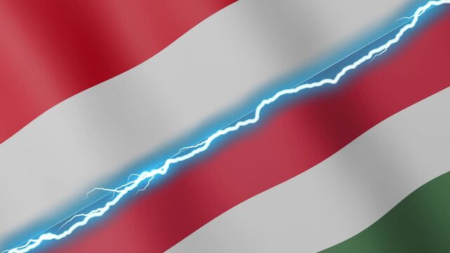 Two waving flags Monaco and Hungary with diagonal lightning seamless, 4k loop
