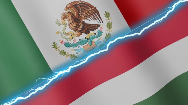 Two waving flags Mexico and Hungary with diagonal lightning seamless, 4k loop