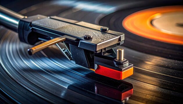 Close-up of a record player playing a vinyl record.