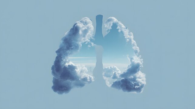 Lungs anatomy conceptualized as fluffy clouds in a clear sky. Blue medical background for respiratory disease prevention. Fresh air and oxygen intake metaphor for health blogs.