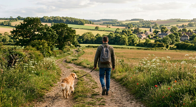 Man walks with his Golden Retriever on a winding country path, approaching a charming distant village in the evening