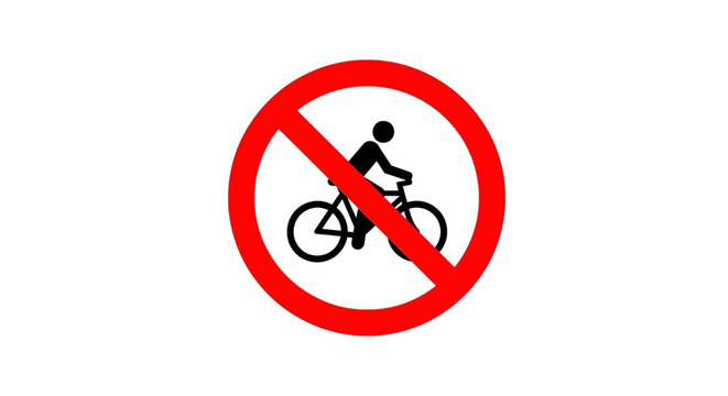 No cycling sign with a red prohibition symbol on white background