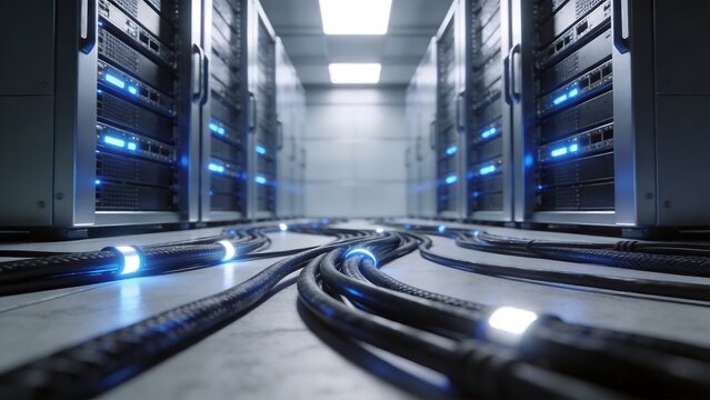 Server room with cables and racks