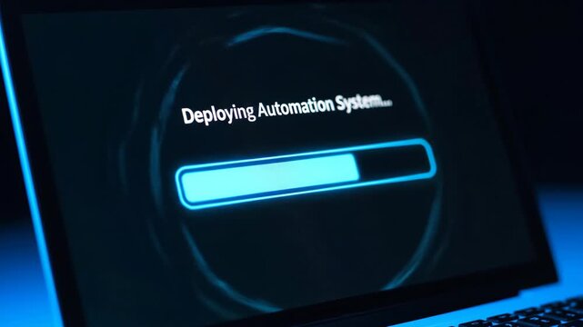 Laptop displaying Deploying Automation System with loading bar, technology concept.