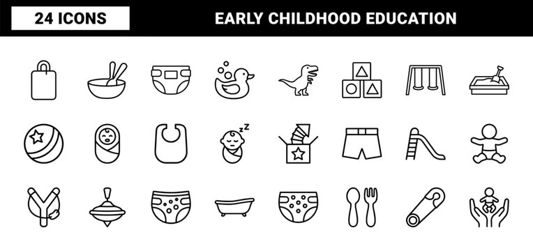 Kindergarten and baby nursery line icon set on white background