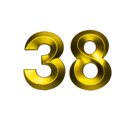 A shiny gold single number thirty-eight with a swirling, reflective metallic texture, on a clean white background.