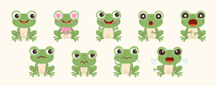 Cute Sage Green Frog Emoji Set with Different Emotions and Expressions