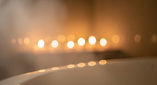Warm steamy bathroom with glowing lights.
