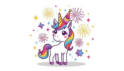 Naklejka premium Cute cartoon unicorn wearing a party hat celebrating with colorful fireworks and sparkles