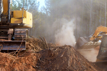 Construction machinery working on land clearing in forest area activities © ungvar