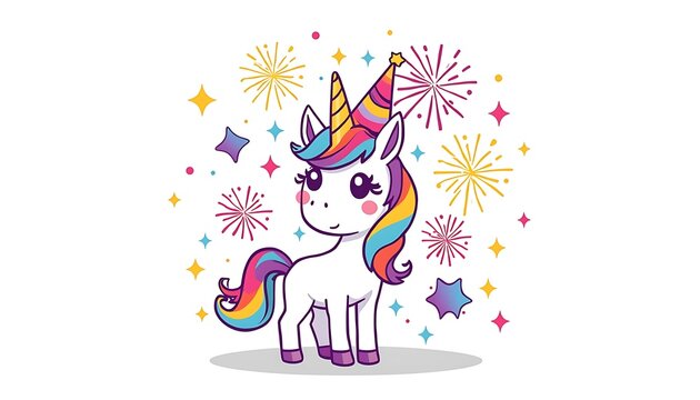 Cute cartoon unicorn wearing a party hat celebrating with colorful fireworks and sparkles